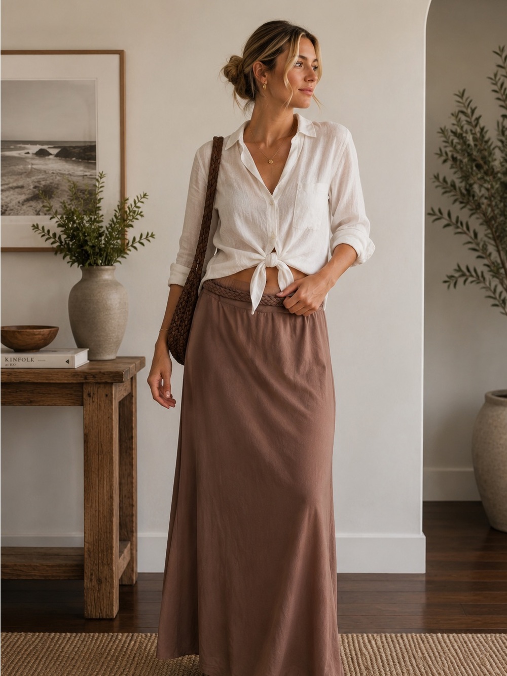 Noelle Braided-Waist Maxi Skirt in Mauve Brown